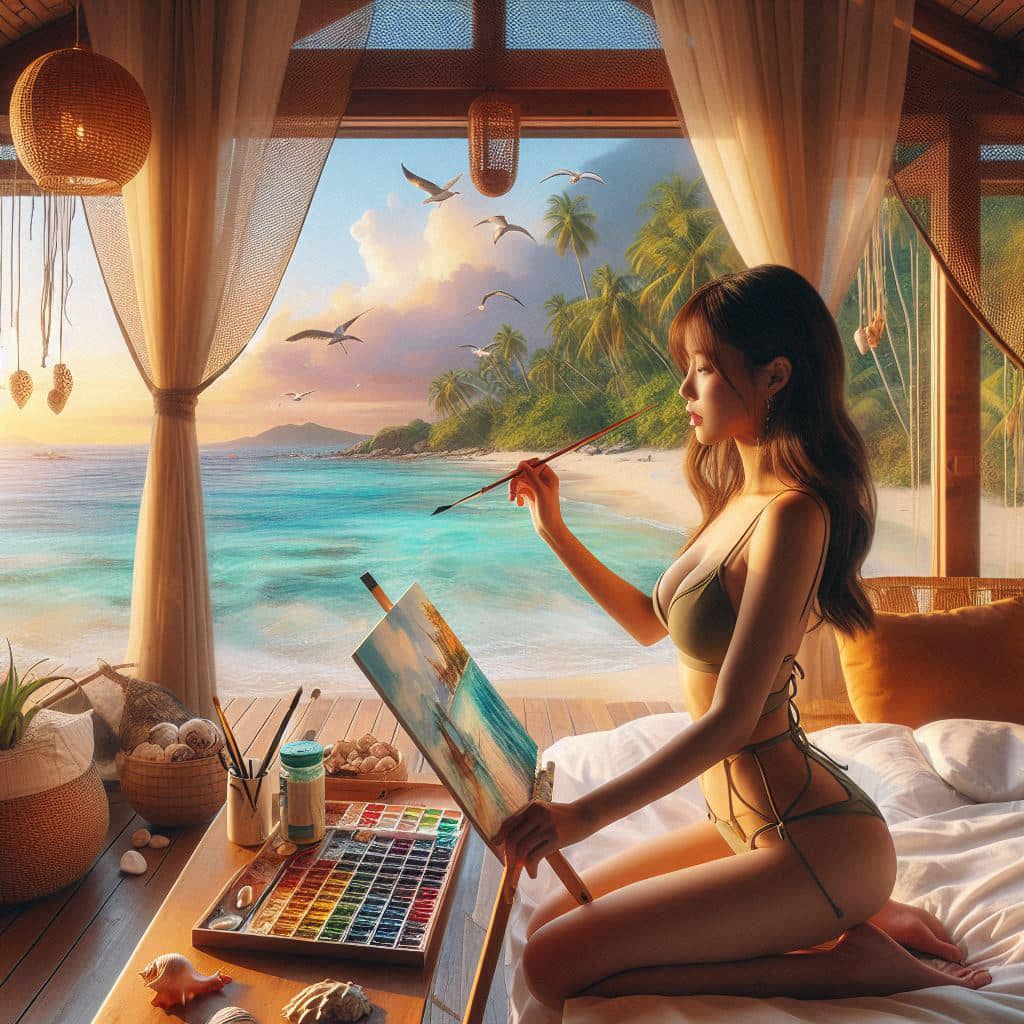 A bikini girl who likes to draw in her room