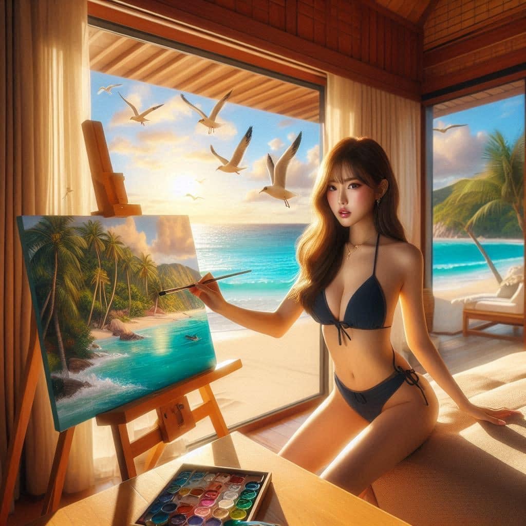 A bikini girl who likes to draw in her room