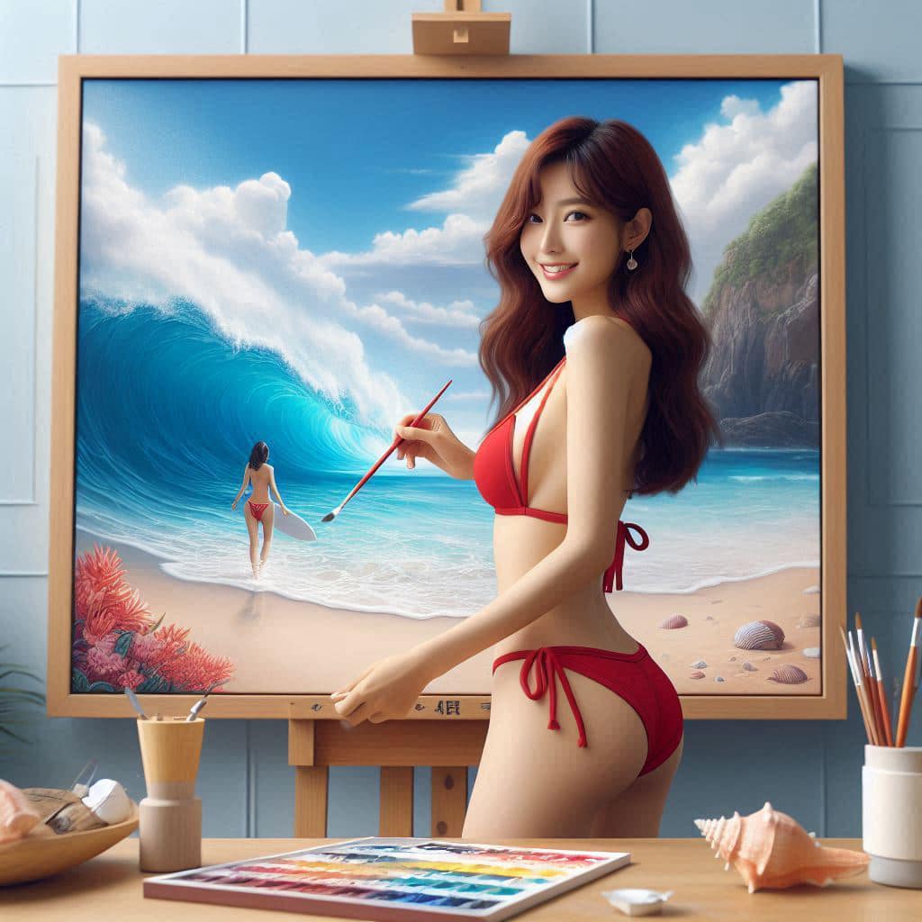 A bikini girl who likes to draw in her room