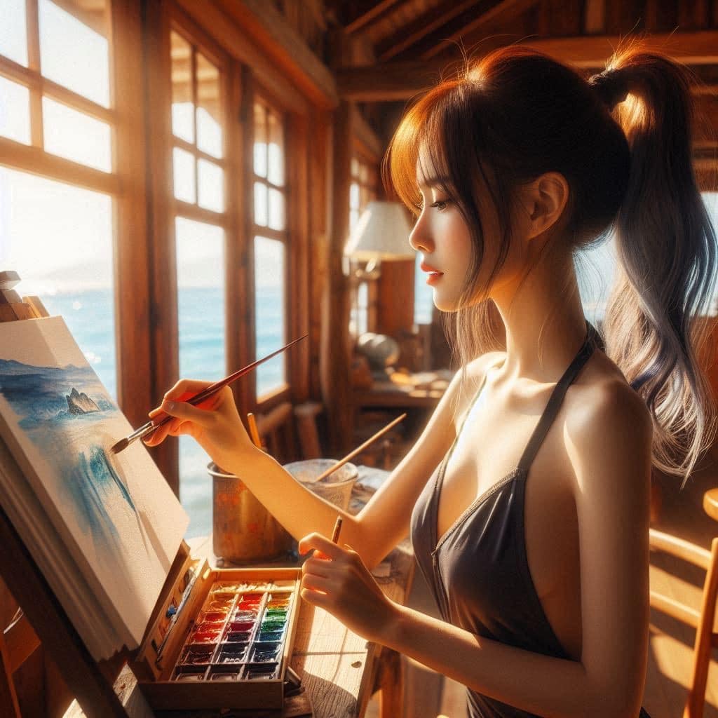 A bikini girl who likes to draw in her room