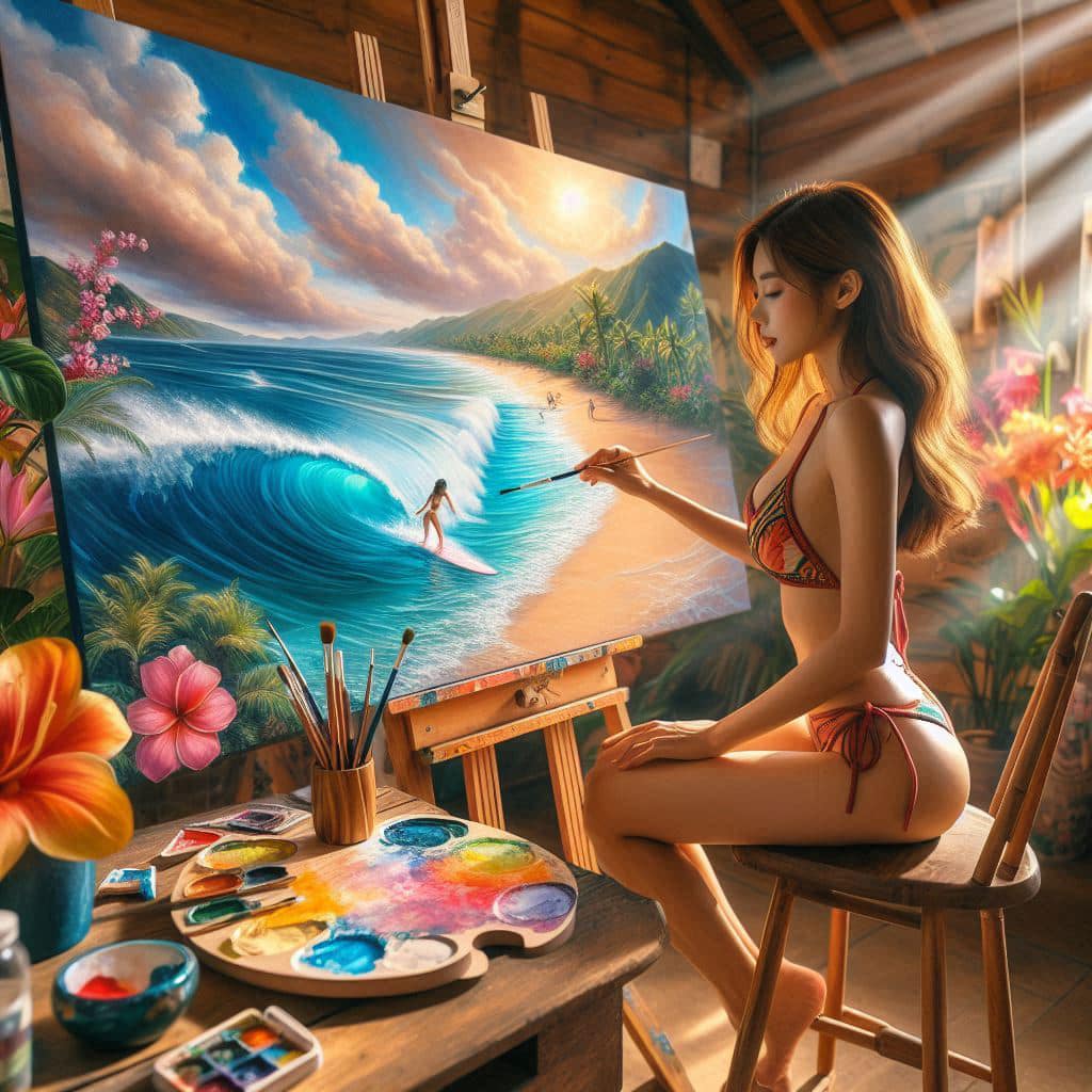 A bikini girl who likes to draw in her room