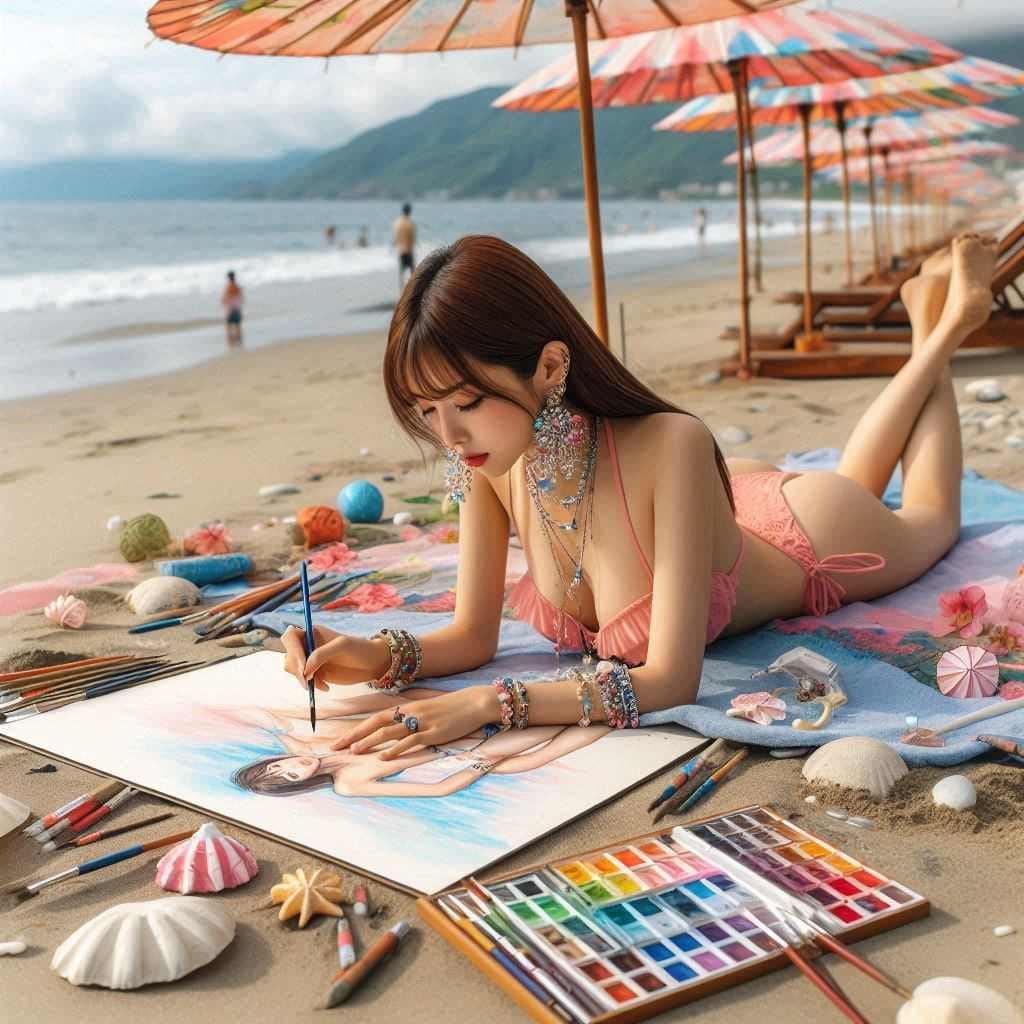 Beautiful Artist Painter on the Beach