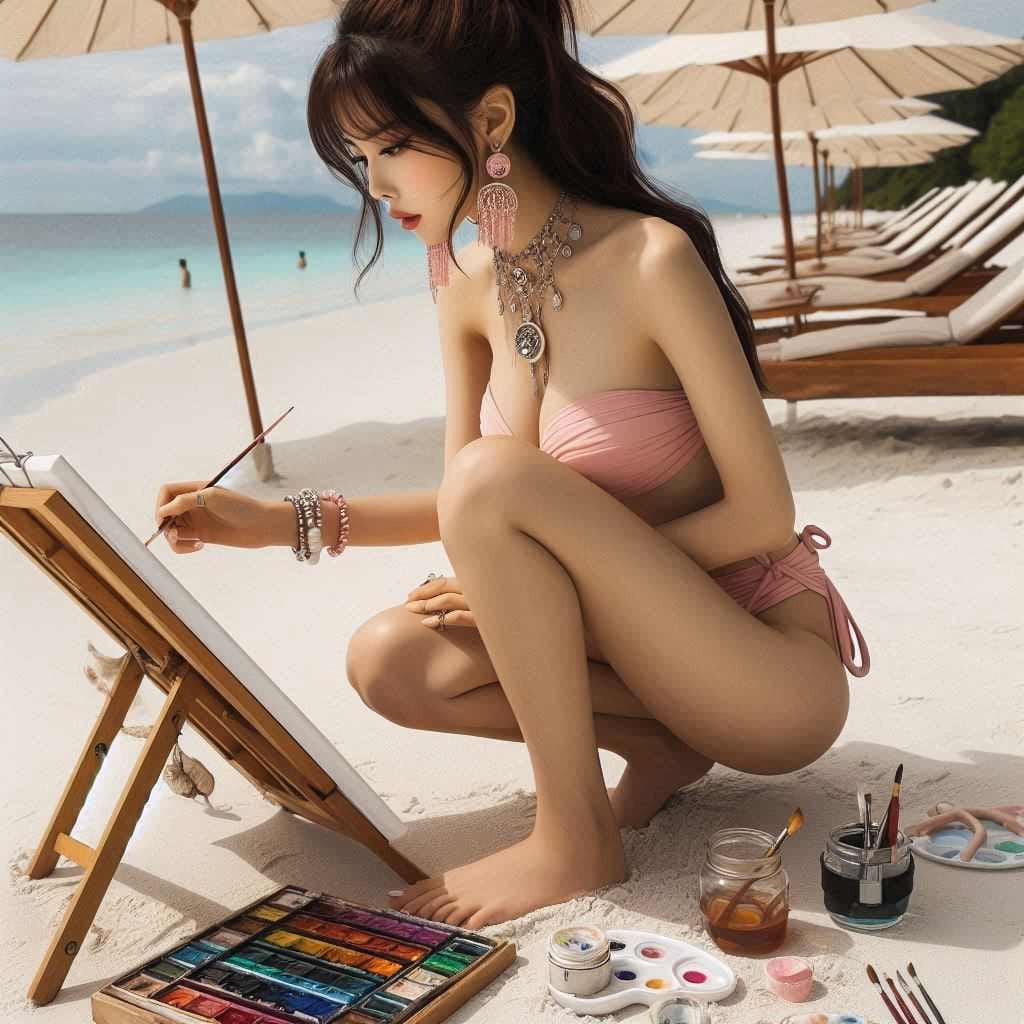 Beautiful Artist Painter on the Beach