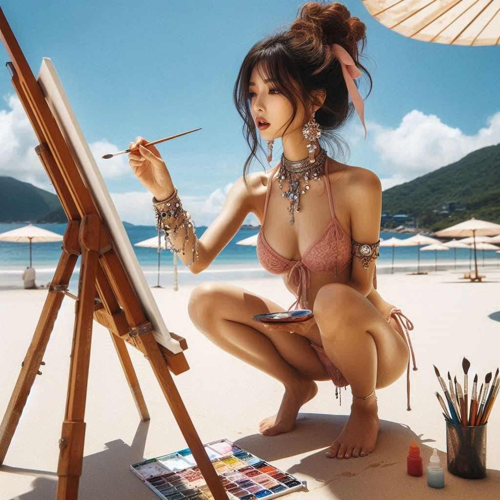 Beautiful Artist Painter on the Beach