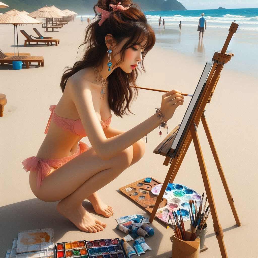 Beautiful Artist Painter on the Beach