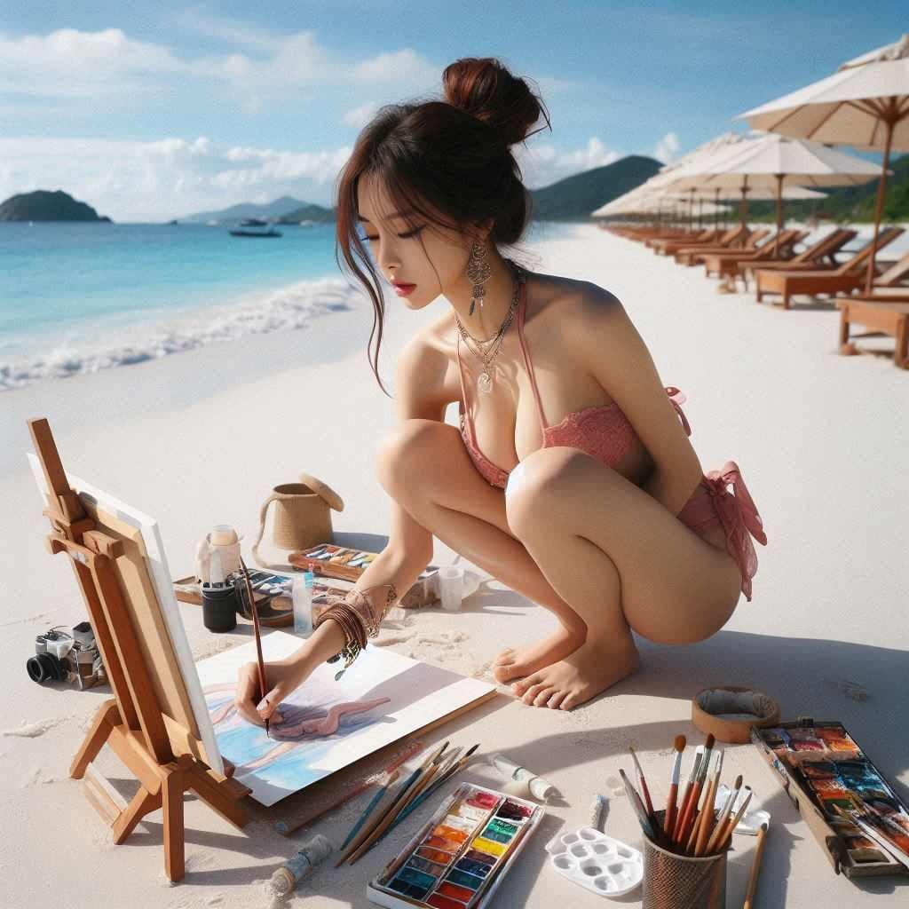 Beautiful Artist Painter on the Beach