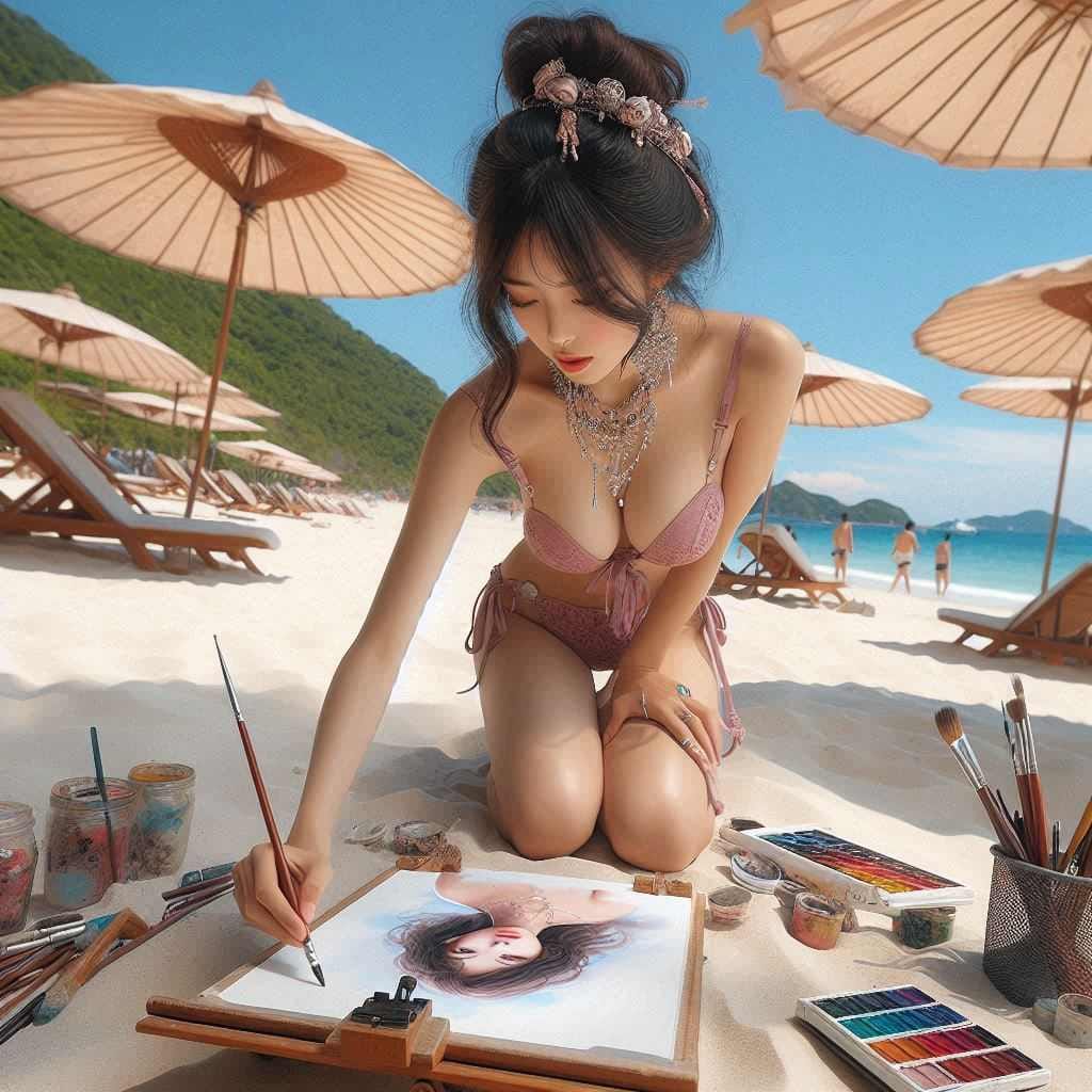 Beautiful Artist Painter on the Beach