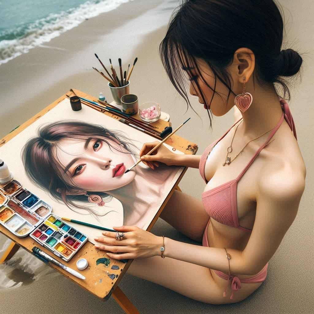 Beautiful Artist Painter on the Beach