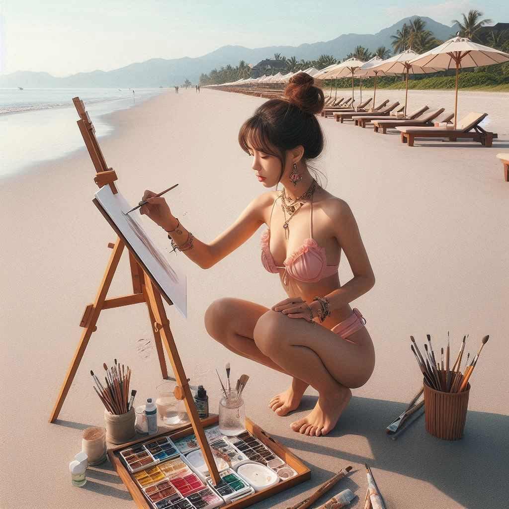 Beautiful Artist Painter on the Beach