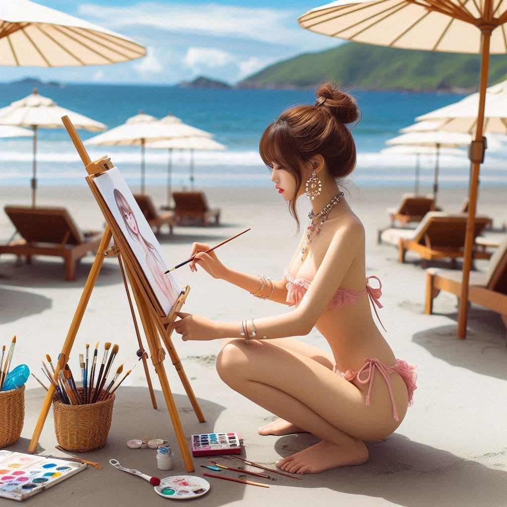 Beautiful Artist Painter on the Beach