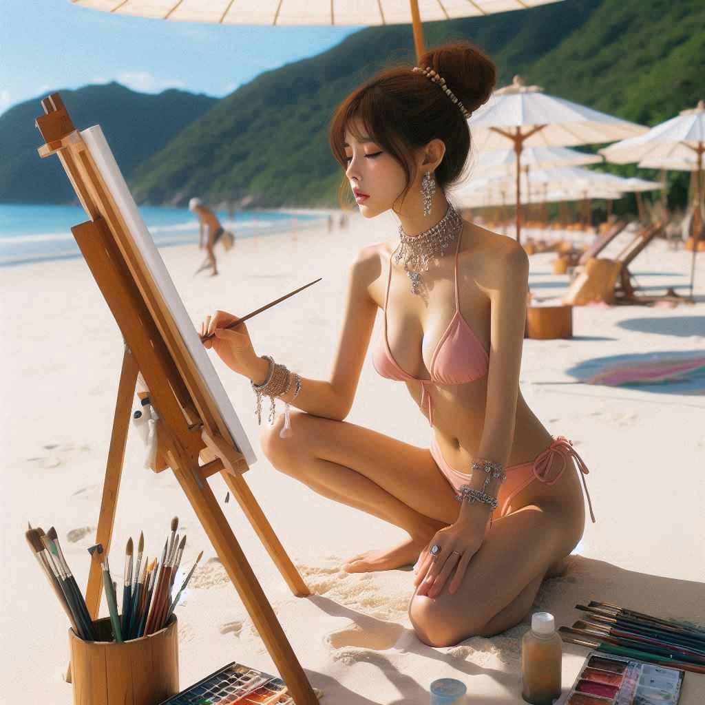 Beautiful Artist Painter on the Beach