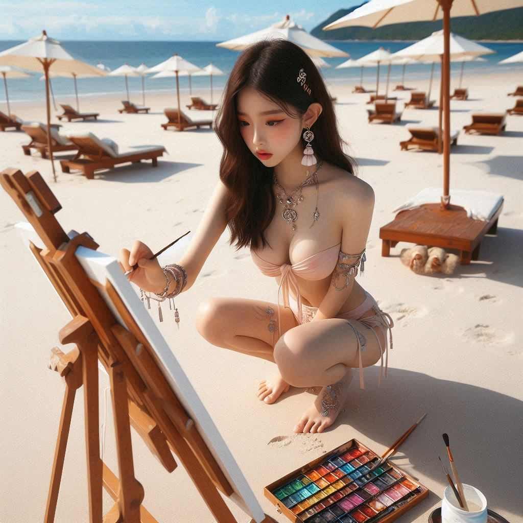 Beautiful Artist Painter on the Beach