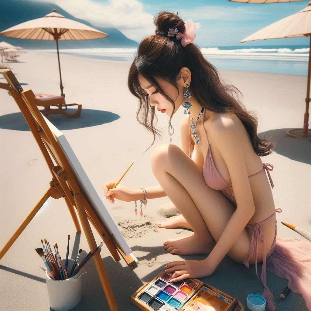 Beautiful Artist Painter on the Beach