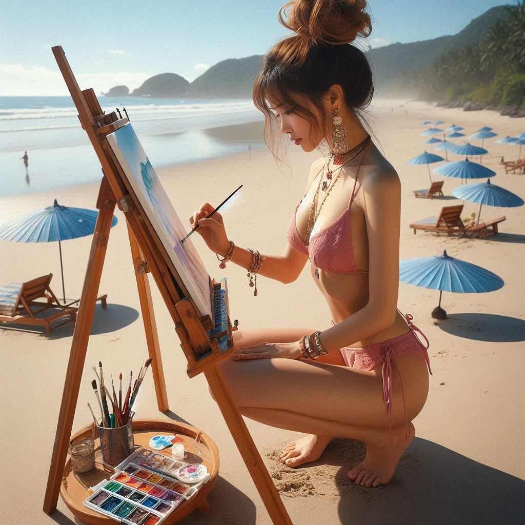 Beautiful Artist Painter on the Beach