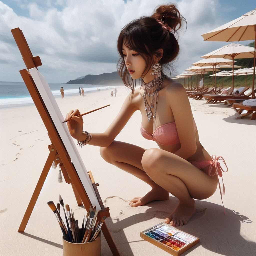 Beautiful Artist Painter on the Beach