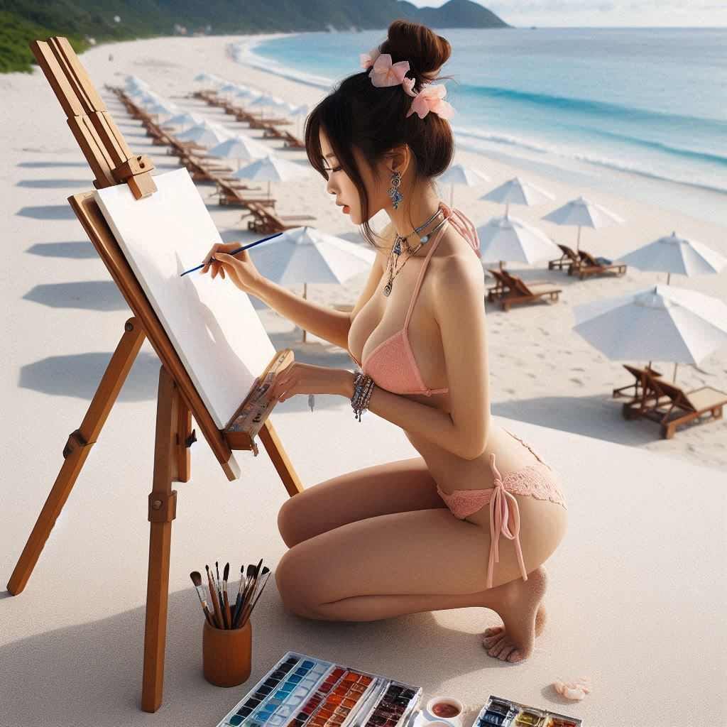Beautiful Artist Painter on the Beach