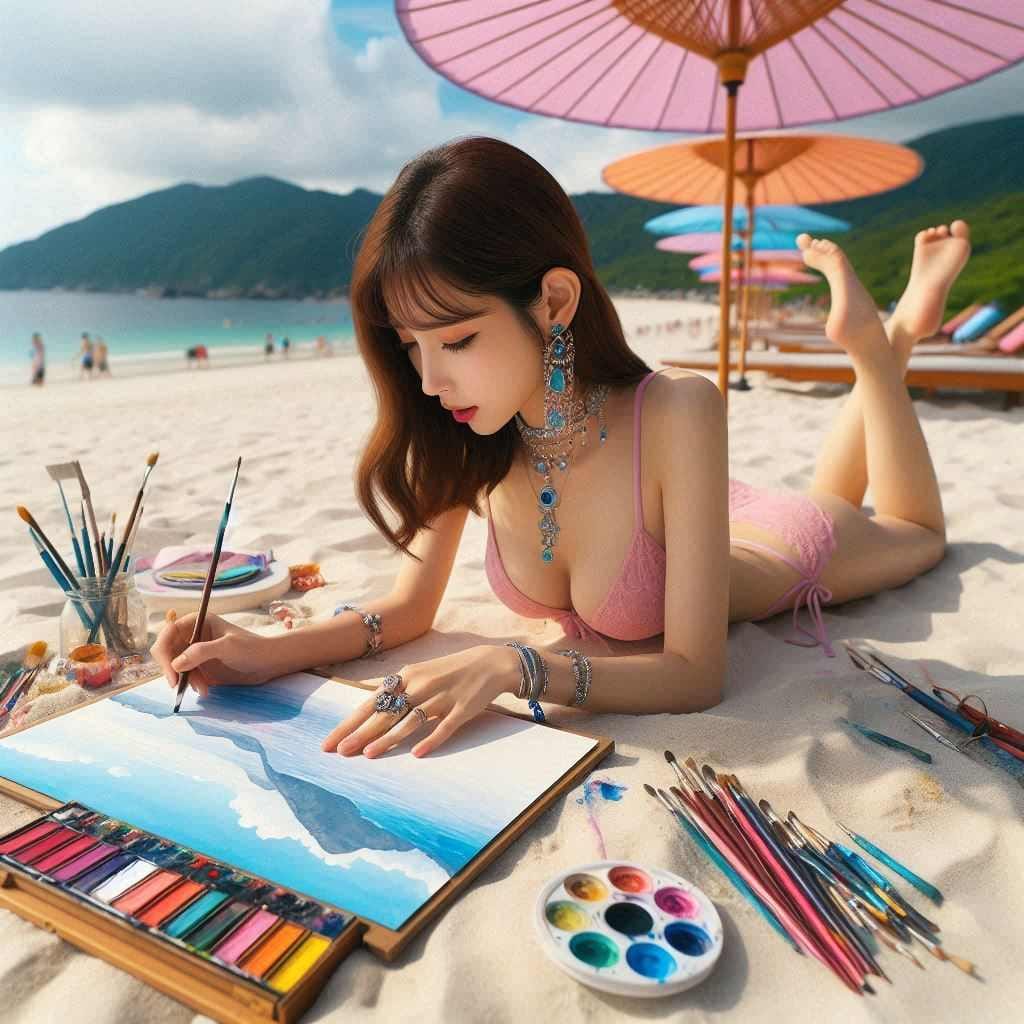 Beautiful Artist Painter on the Beach