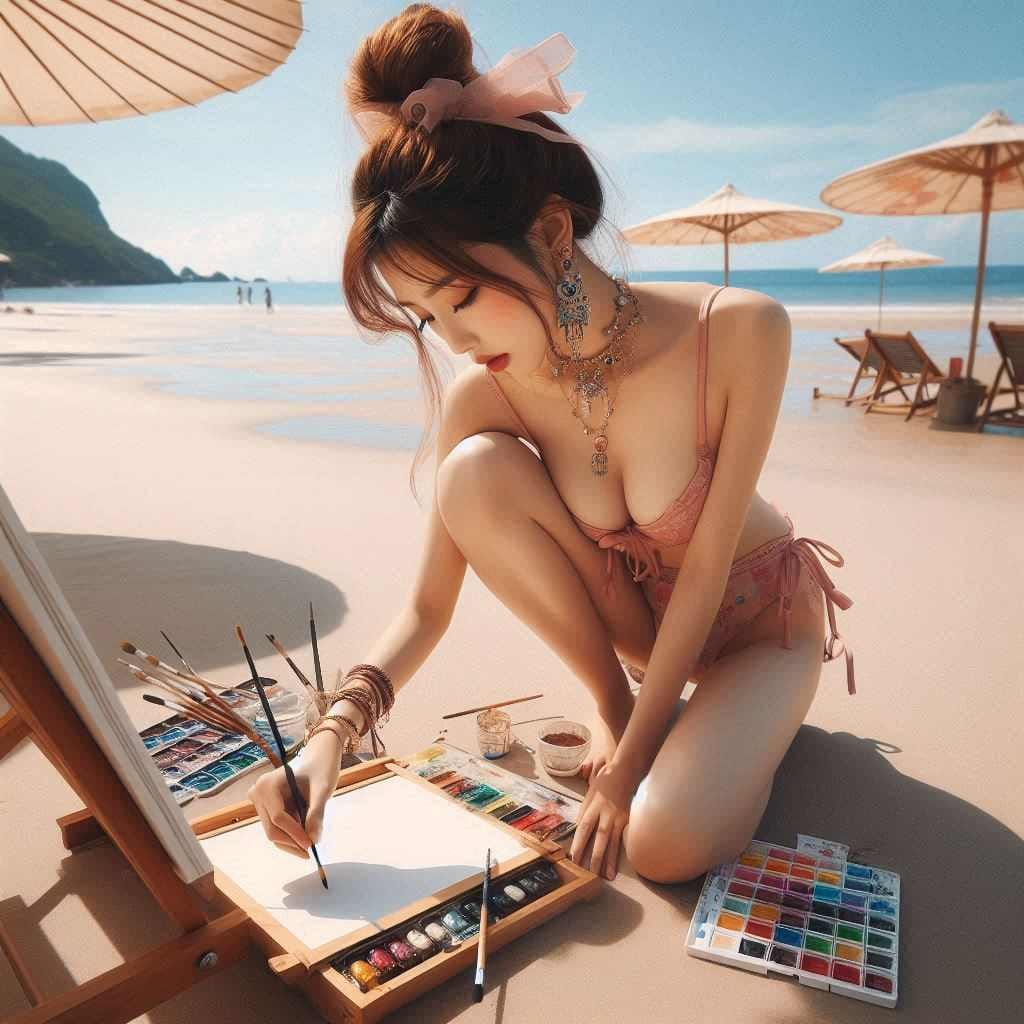 Beautiful Artist Painter on the Beach
