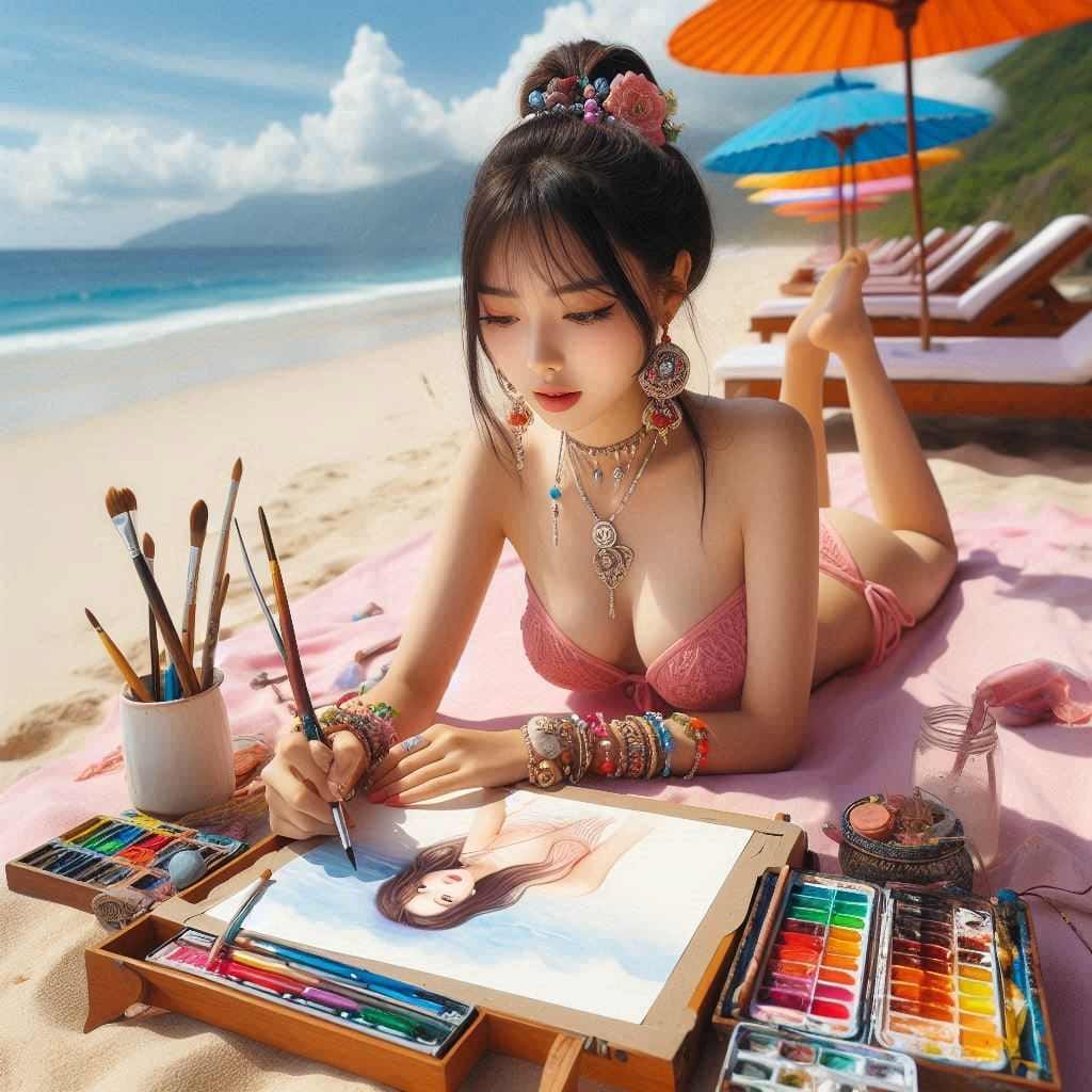 Beautiful Artist Painter on the Beach