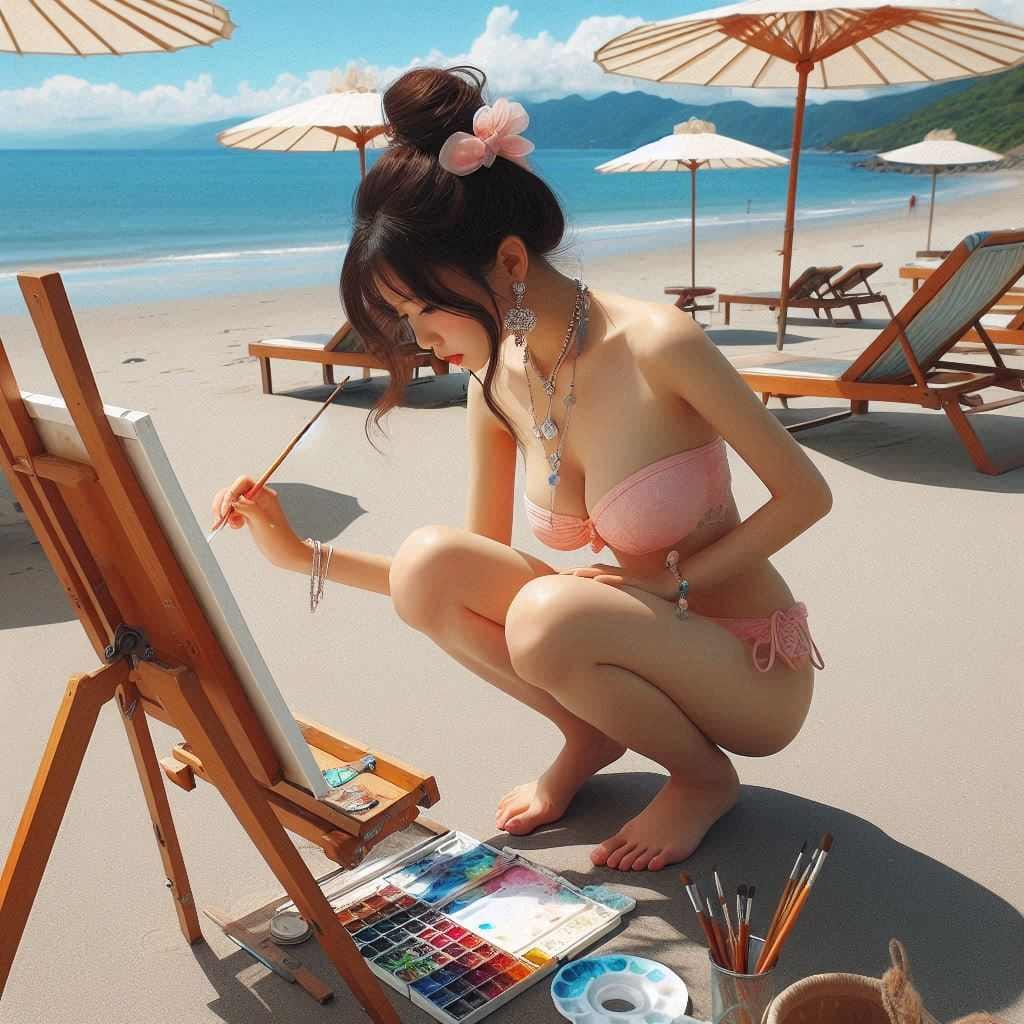 Beautiful Artist Painter on the Beach