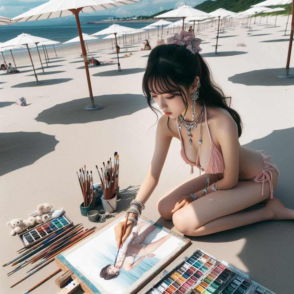 Beautiful Artist Painter on the Beach