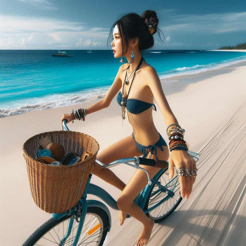 Girl biking and skateboarding on the beach