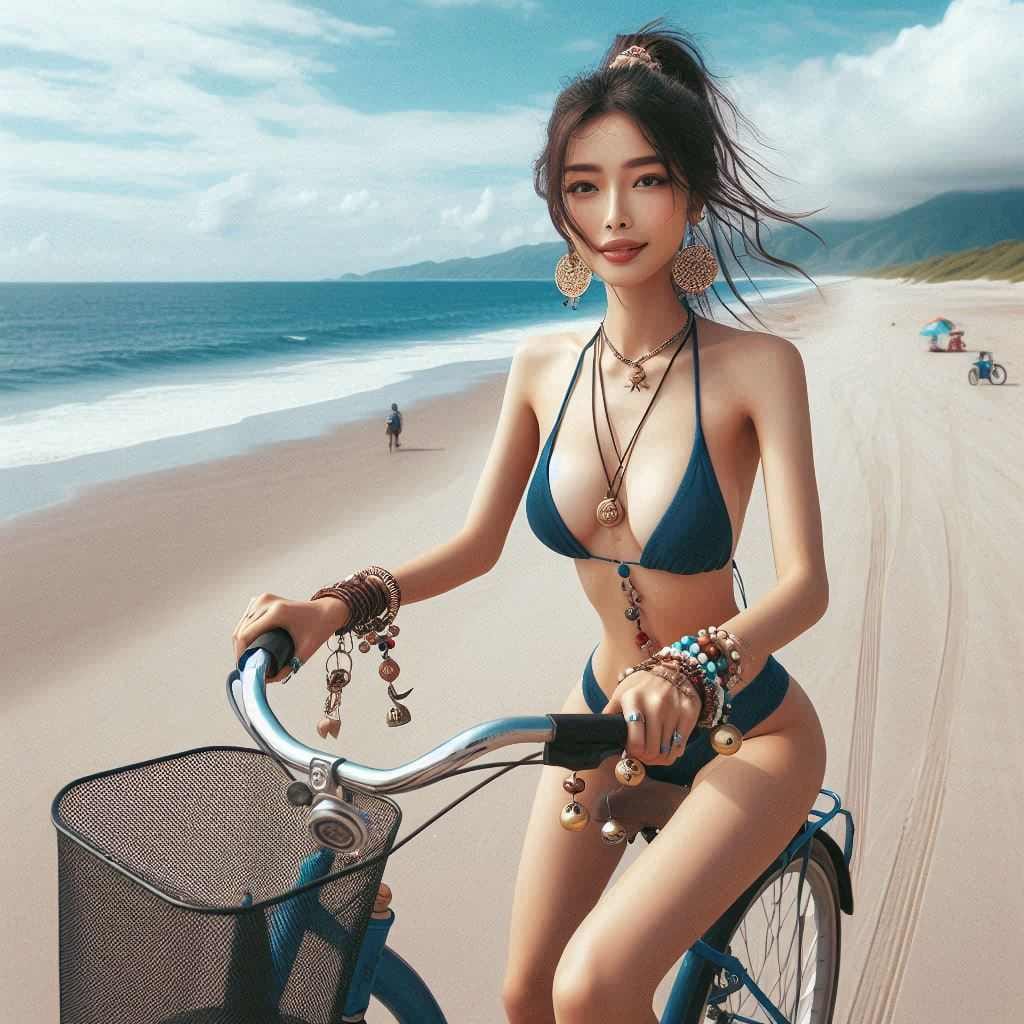 Girl biking and skateboarding on the beach