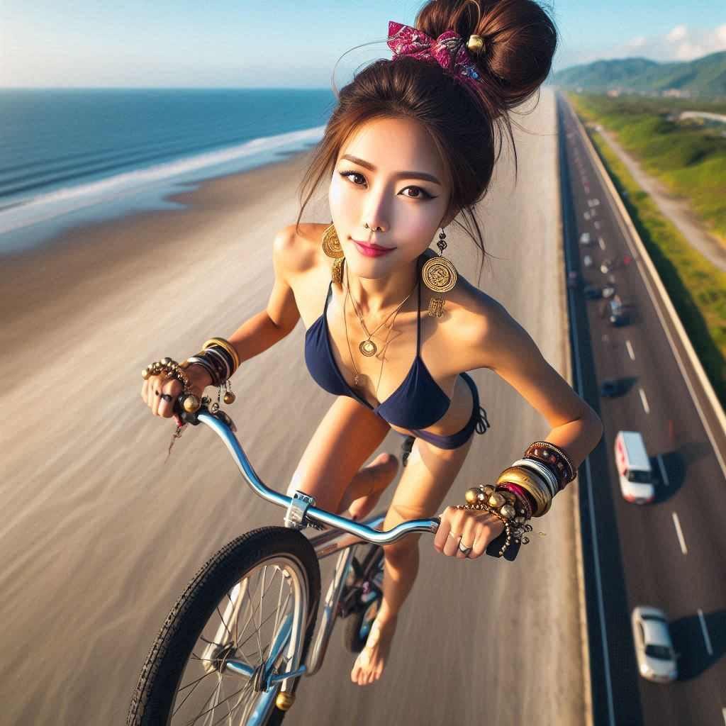 Girl biking and skateboarding on the beach
