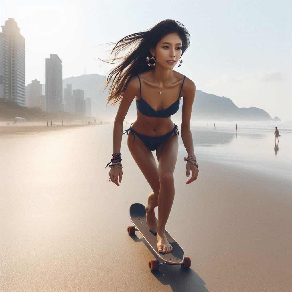 Girl biking and skateboarding on the beach