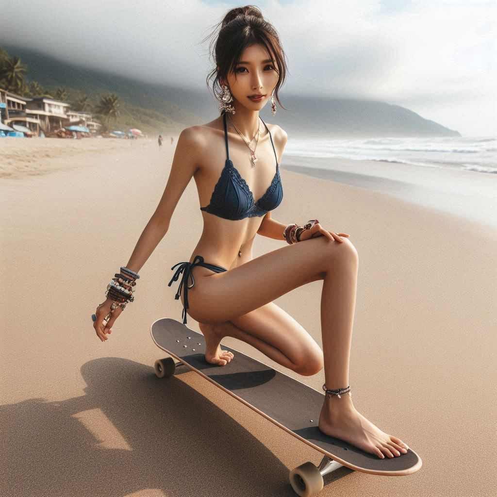 Girl biking and skateboarding on the beach