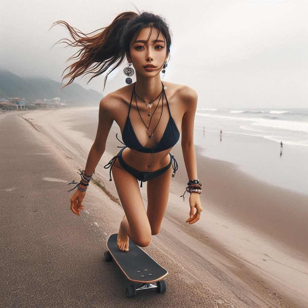 Girl biking and skateboarding on the beach