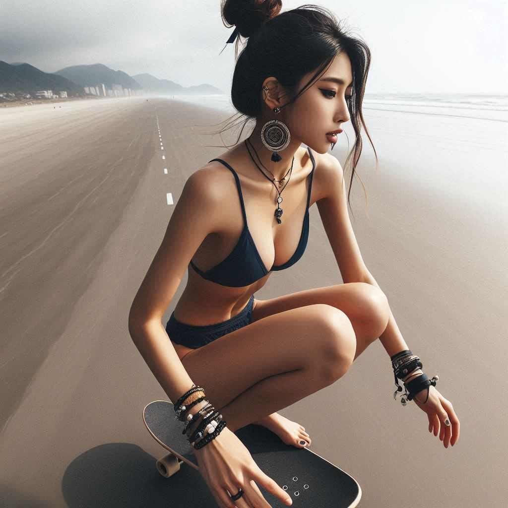Girl biking and skateboarding on the beach