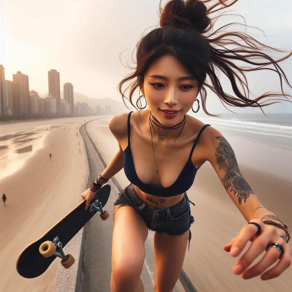 Girl biking and skateboarding on the beach