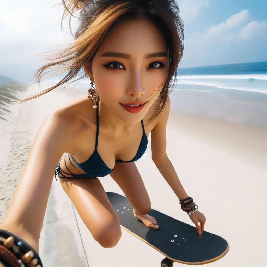 Girl biking and skateboarding on the beach