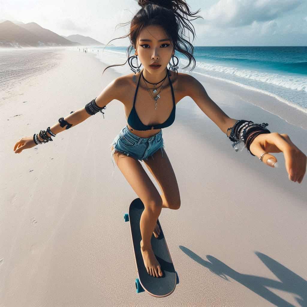 Girl biking and skateboarding on the beach