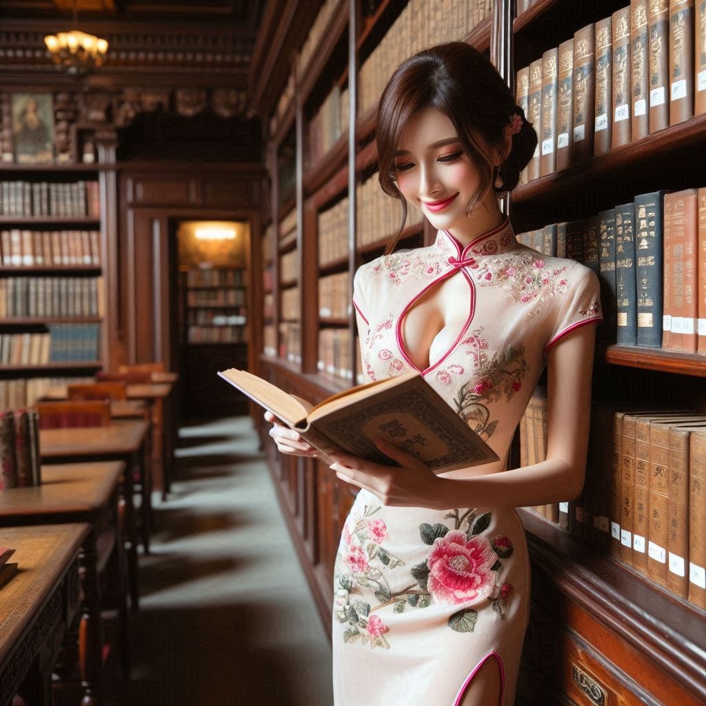 Woman in a cheongsam in an antique library