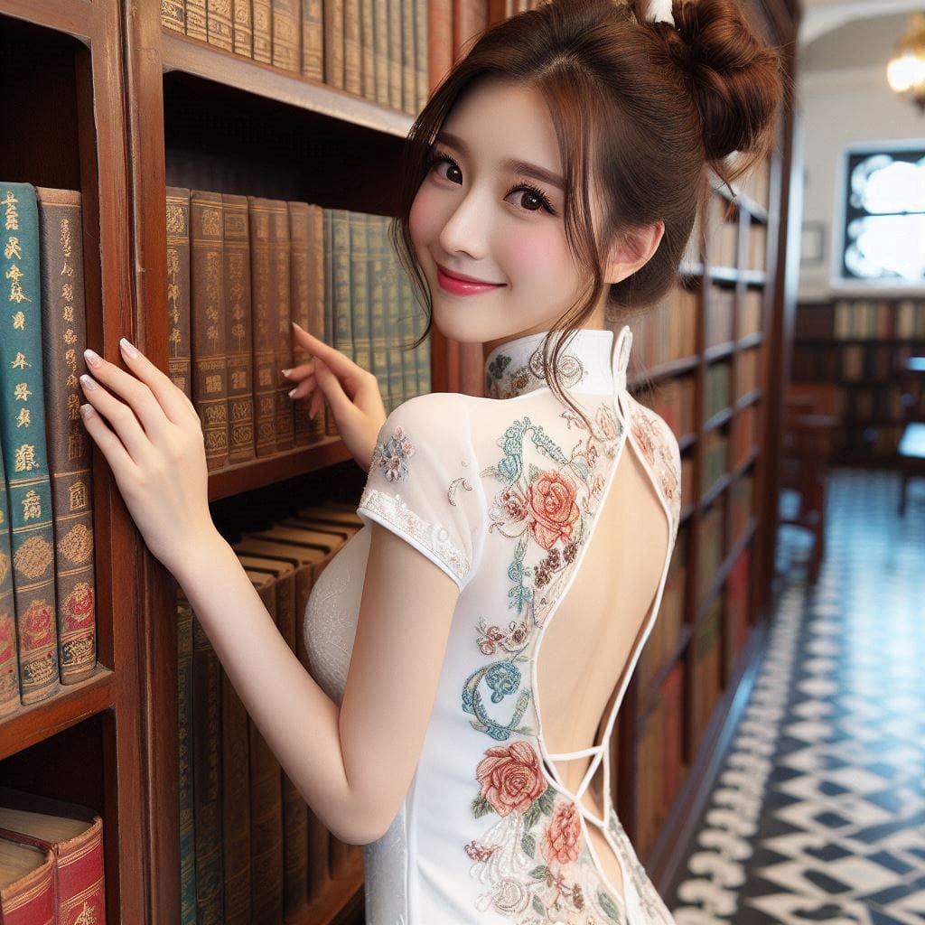 Woman in a cheongsam in an antique library
