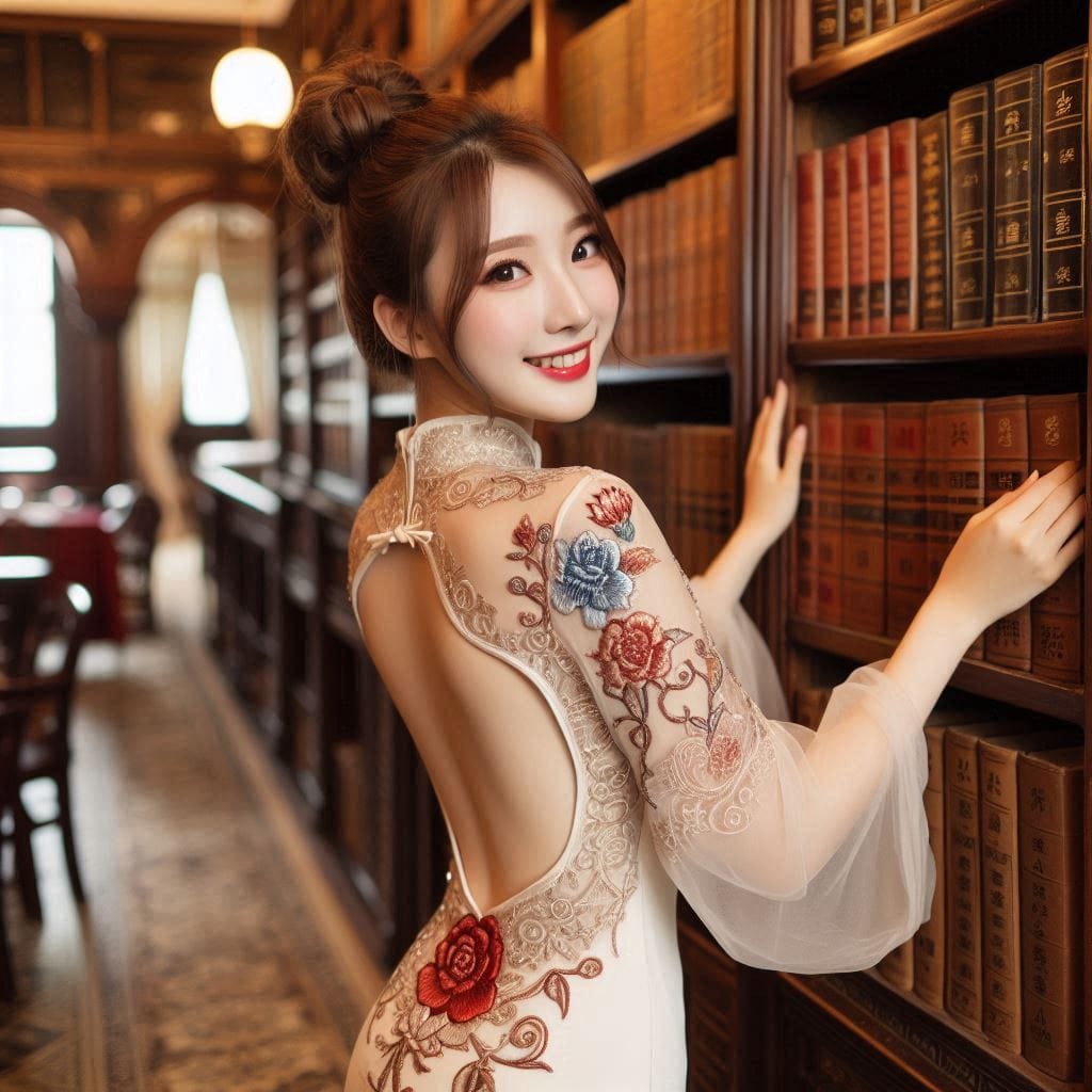 Woman in a cheongsam in an antique library