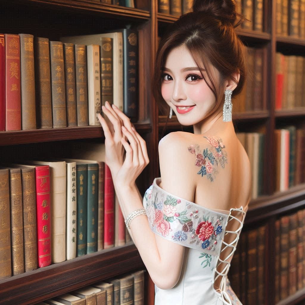 Woman in a cheongsam in an antique library