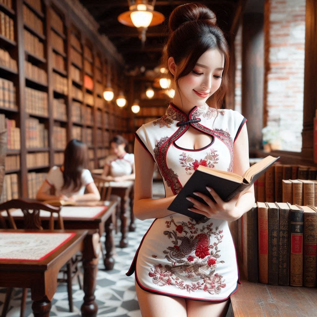 Woman in a cheongsam in an antique library