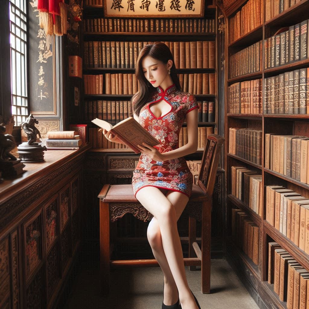 Woman in a cheongsam in an antique library