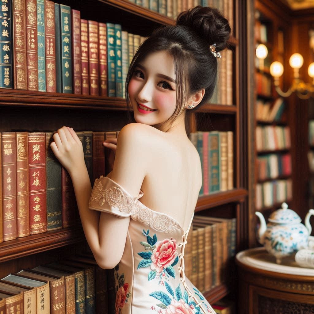 Woman in a cheongsam in an antique library