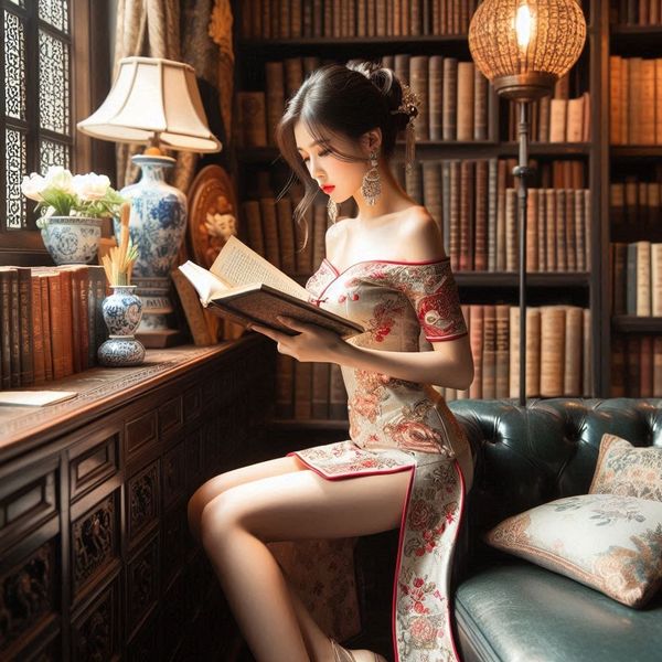 Woman in a cheongsam in an antique library