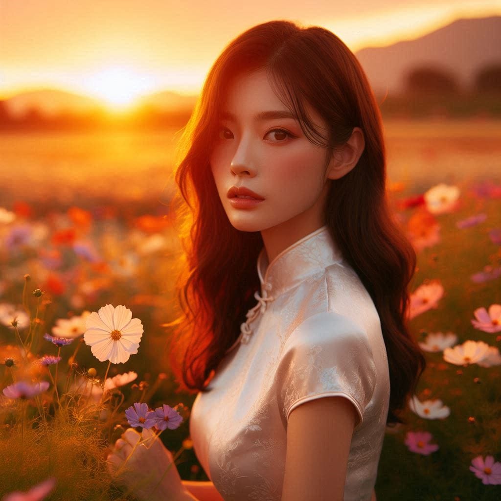 Girl in a cheongsam at sunset