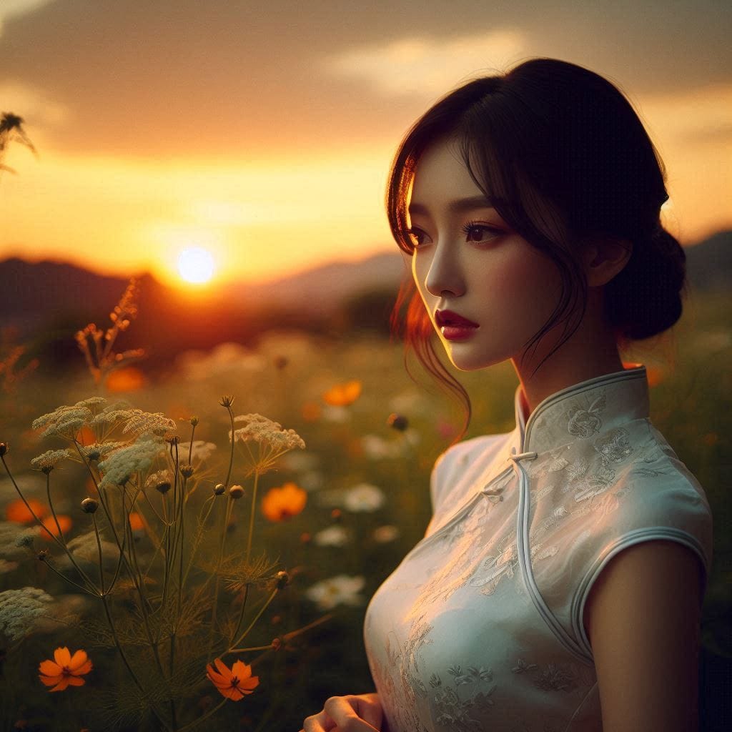 Girl in a cheongsam at sunset