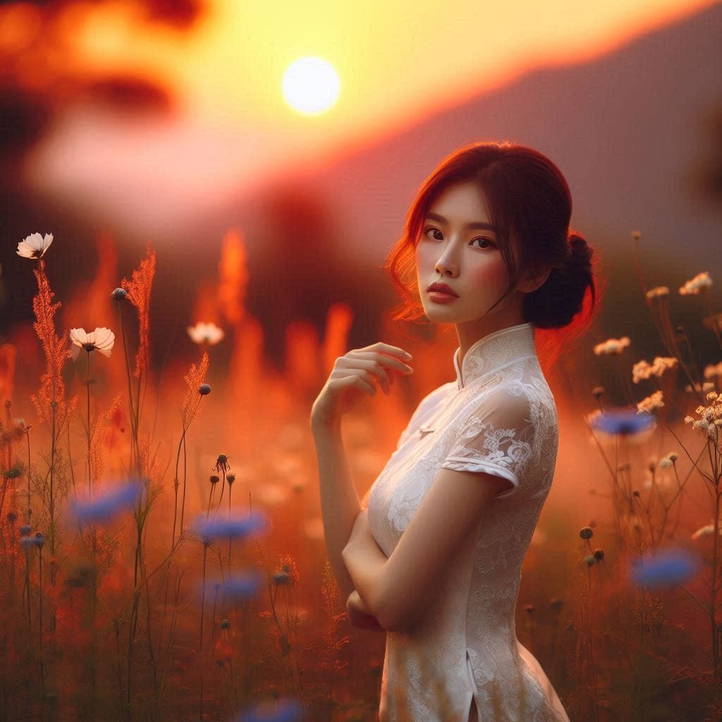 Girl in a cheongsam at sunset