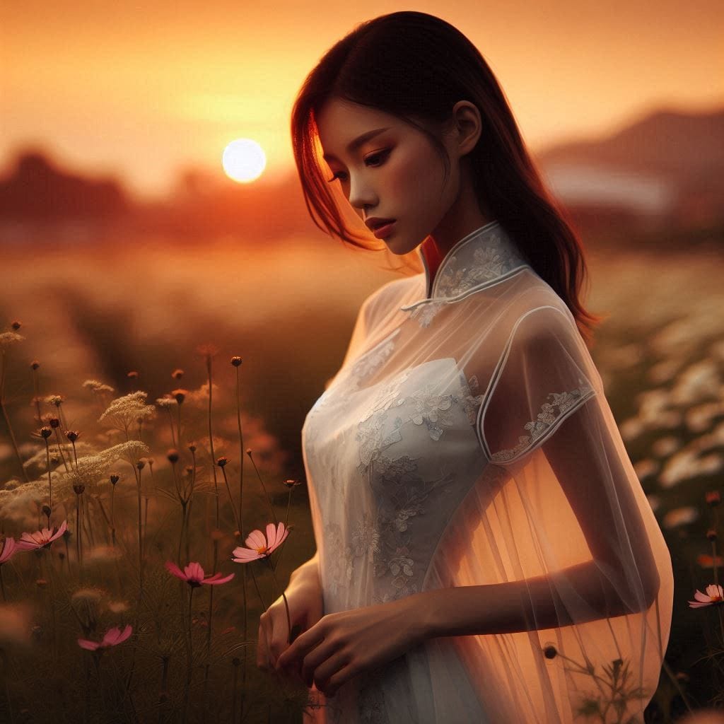 Girl in a cheongsam at sunset