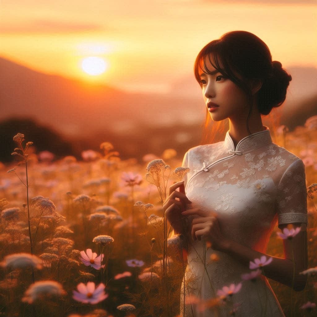 Girl in a cheongsam at sunset