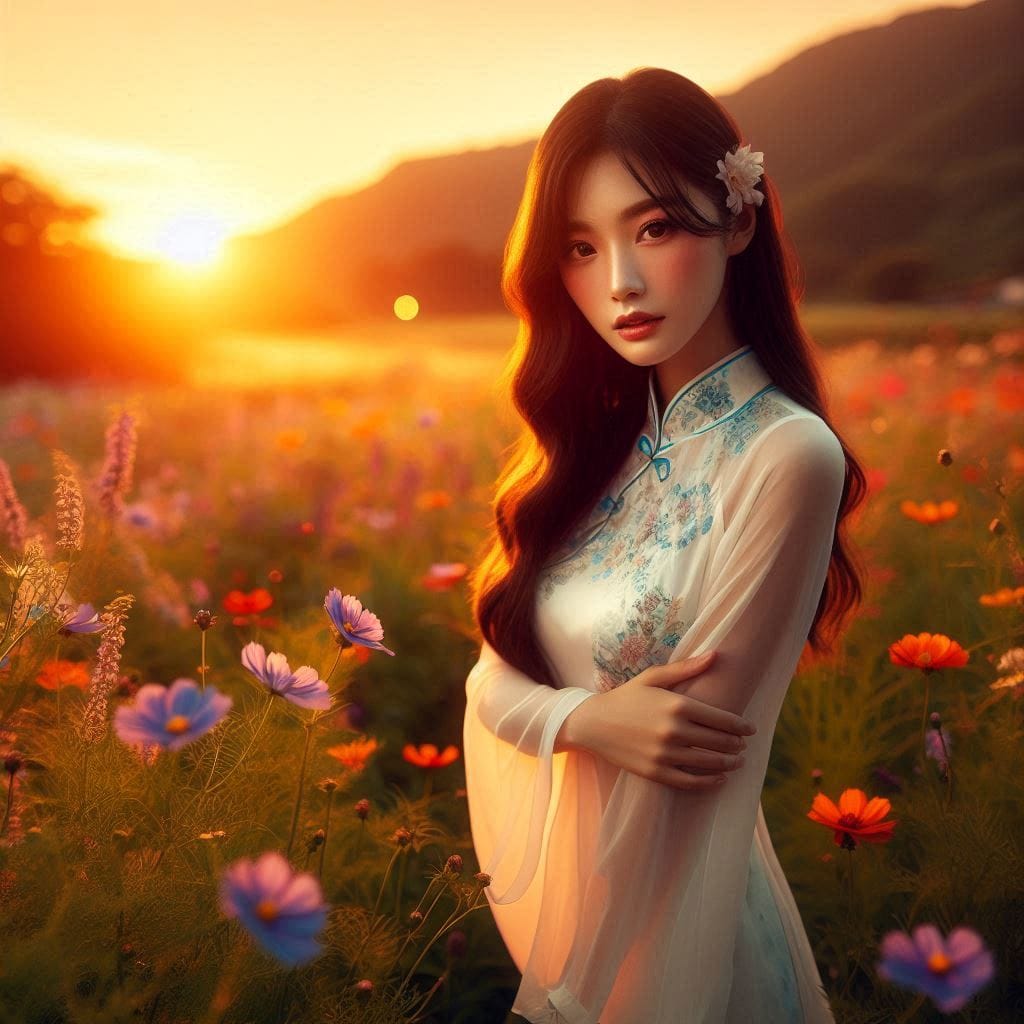 Girl in a cheongsam at sunset