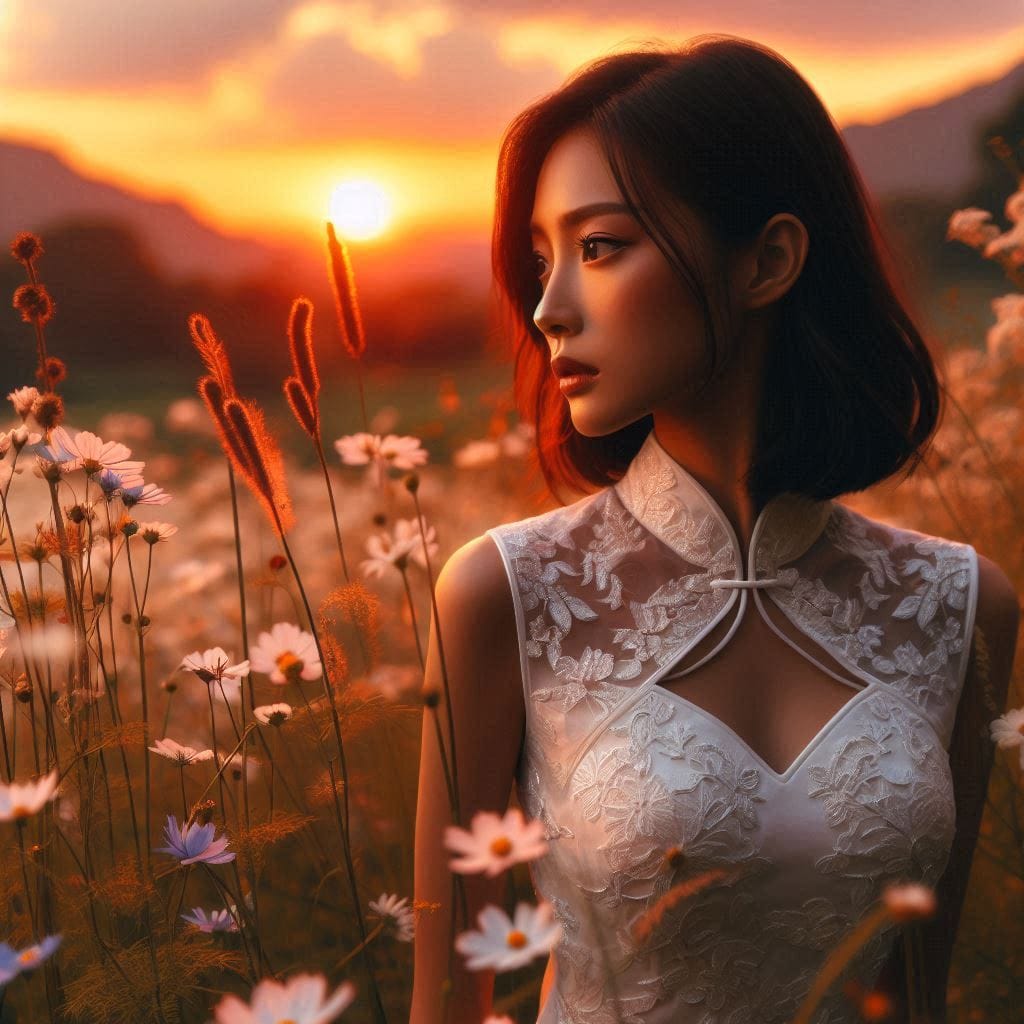 Girl in a cheongsam at sunset